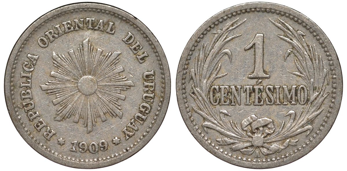 Уругвай 1 сентесимо 1909 KM 19 медно-никель 4169-617
