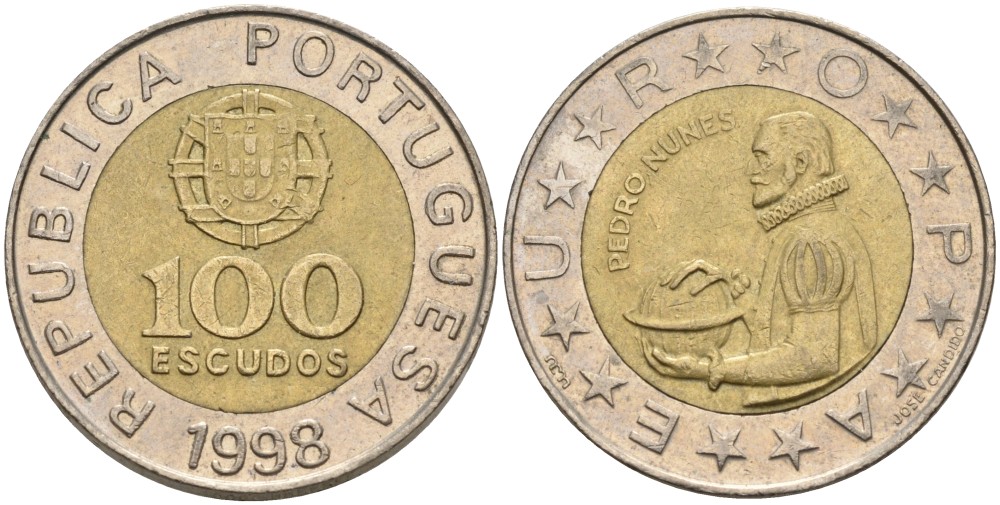 Португалия 100 эскудо 1998 Педру Нуниш (1502-1578), математик KM 645.1 биметалл 261-921