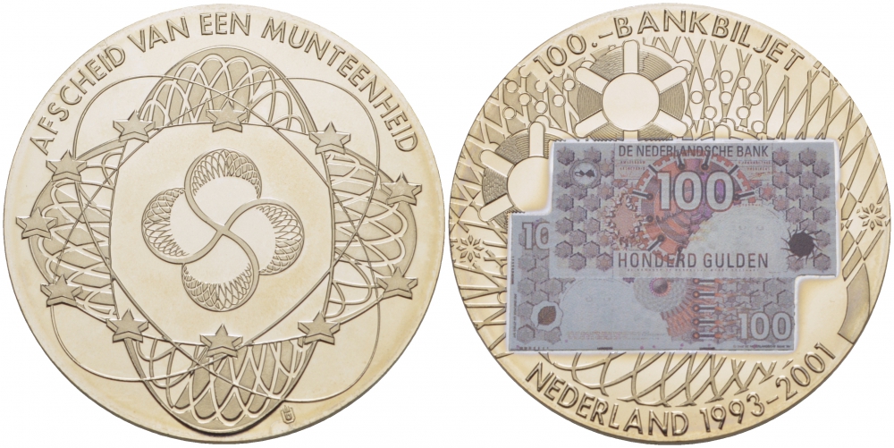 НИДЕРЛАНДЫ МЕДАЛЬ 2001 БАНКНОТА 100 ГУЛЬДЕНОВ, ЭМИССИЯ (1993-2001), СЕРЕБРЕНИЕ, ЦВЕТНАЯ ЭМАЛЬ медно-никель PROOF 01-237-21