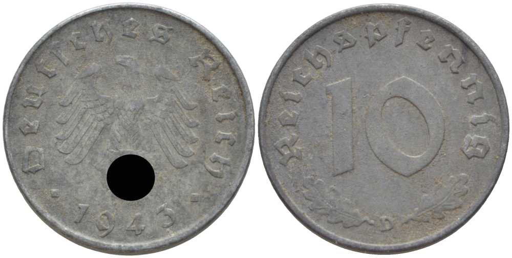 ГЕРМАНИЯ 10 РЕЙХСПФЕННИГОВ 1943 D KM 101, J. 371 цинк 4401-552