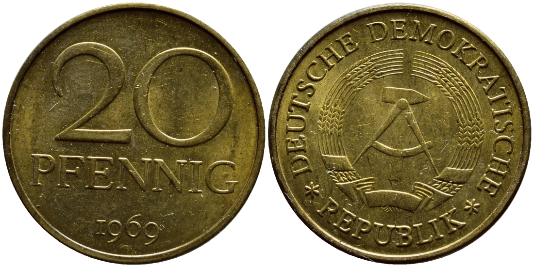 ГДР 20 пфеннигов 1969 А, первый год KM 11 латунь UNC 4397-417