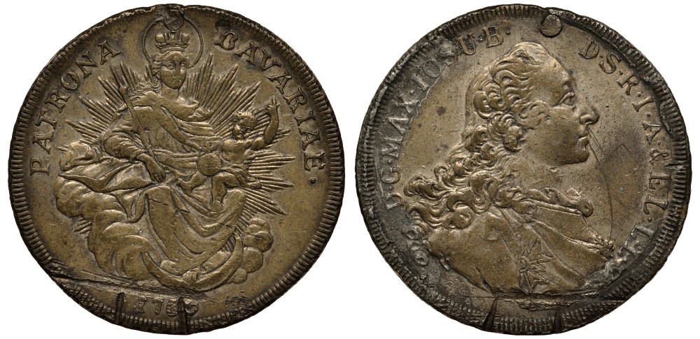 Бавария 1 талер 1760 Максимилиан III Иосиф (1745-1777), мадонна, новый чекан KM к 234.1, Dav. к 1953 медь 413-3331