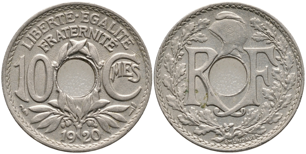 ФРАНЦИЯ 10 САНТИМОВ 1920 ТИП ЛИНДАЙЁ KM 866а медно-никель UNC 4388-836