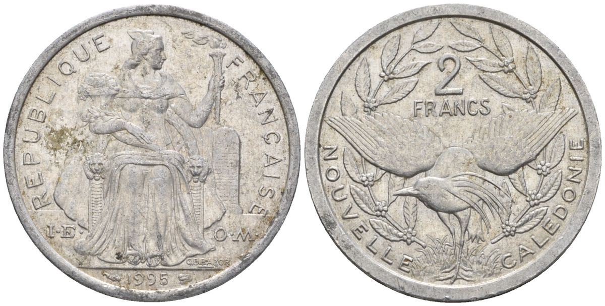 Французская Новая Каледония 2 франка 1995 птица кагу, (IEOM) KM 14, Schoen 11, Lec 68 алюминий    23-836