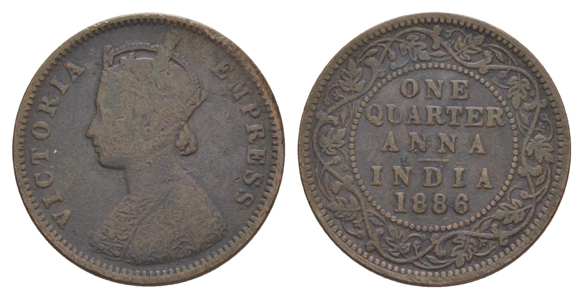 Британская Индия 1/4 анны 1886 Виктория (1837-1901) KM 486 медь 75-1826