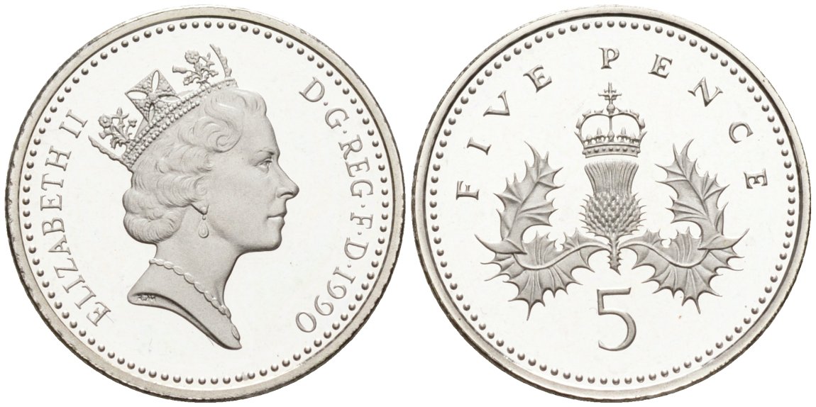 Великобритания 5 пенсов 1990 Елизавета II (1952-2022), в оригинальной коробке, с сертификатом KM 937c, Spink 4372 серебро PROOF 5-6-4-7