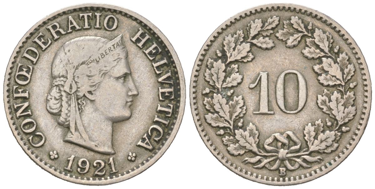 Швейцария 10 раппенов 1921 B KM 27 медно-никель 4169-1125