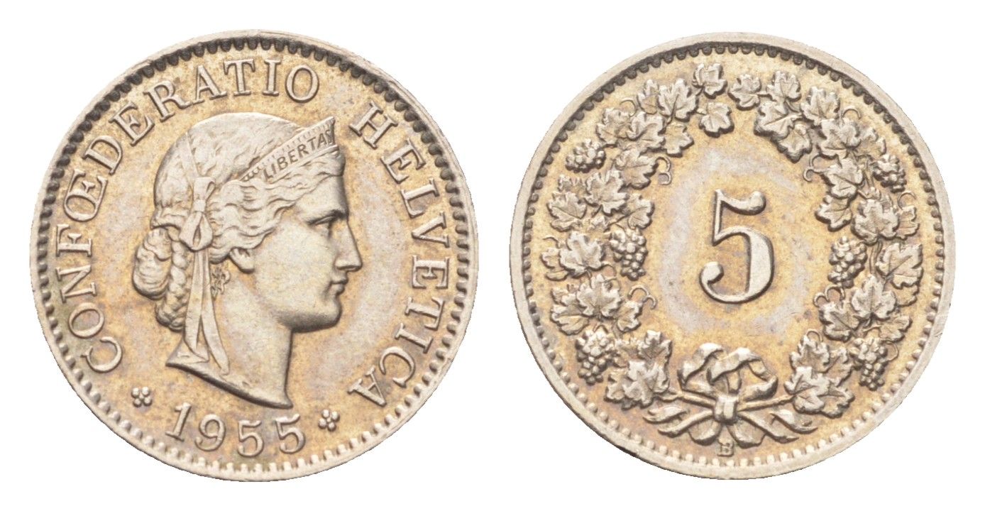 Швейцария 5 раппенов 1955 B KM 26 медно-никель 4705-1248