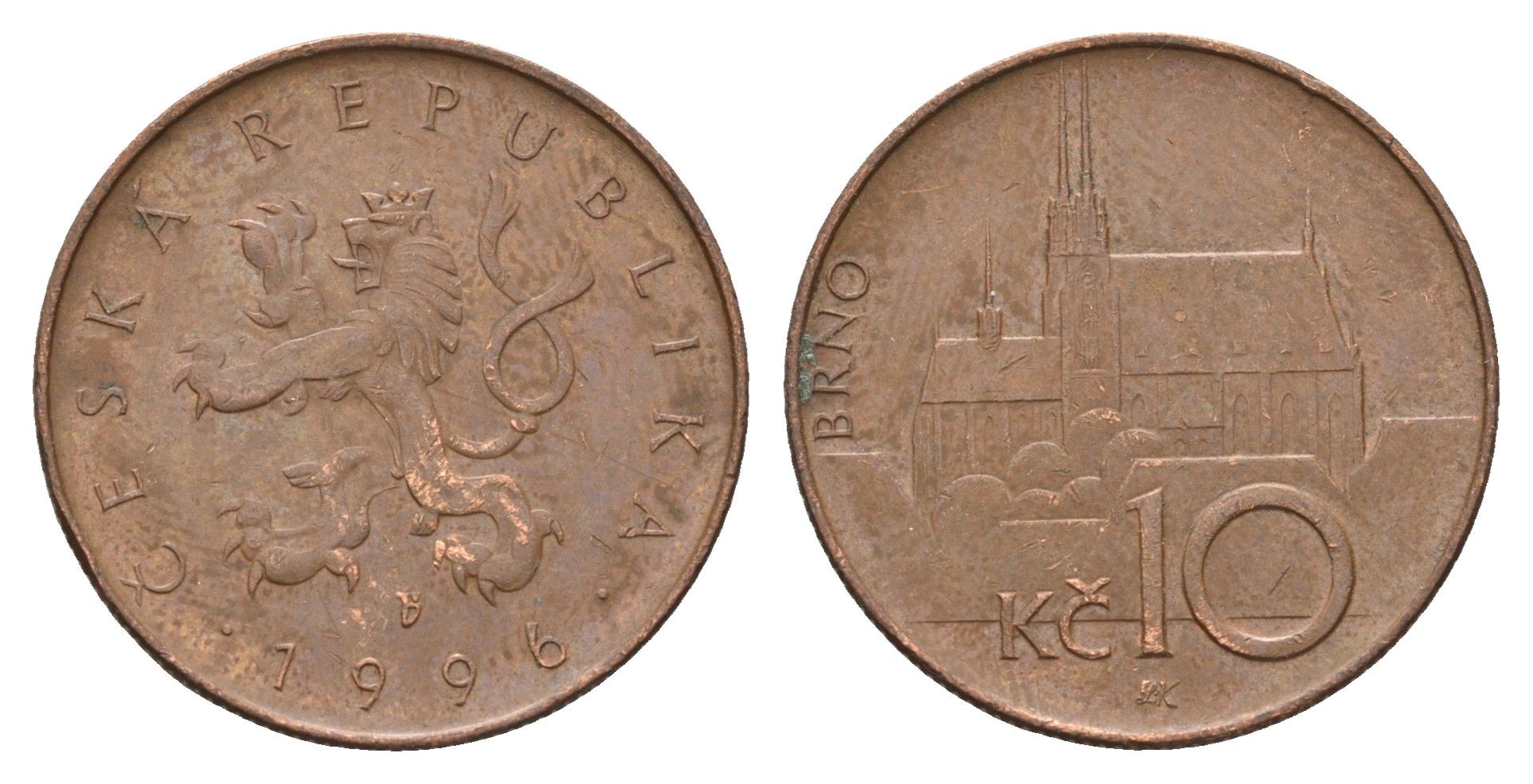 Чехия 10 крон 1996 чешский лев, кафедральный собор Брно KM 4 сталь плакированная медью 4673-937