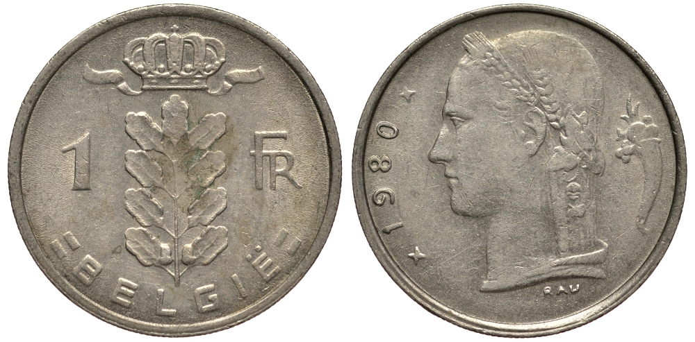 БЕЛЬГИЯ 1 ФРАНК 1980 BELGIE KM 143.1 медно-никель 4182-231