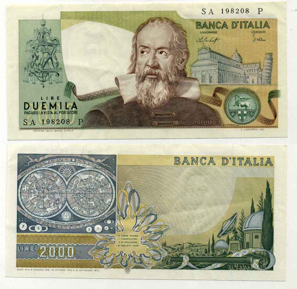 Италия 2000 лир 1973 Галилео, Пизанская башня Pick 103а бумага 8588-10-4-2