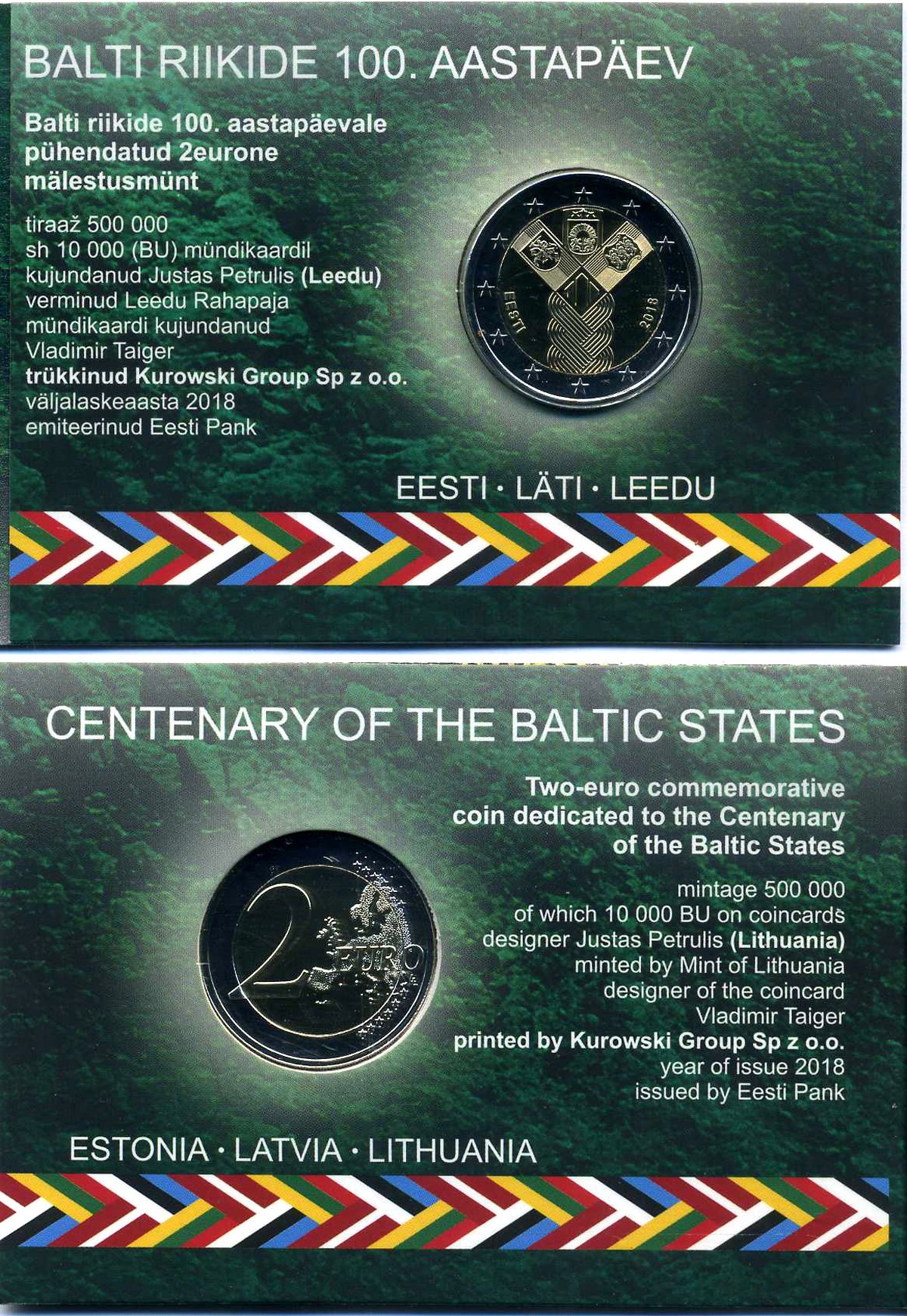 Эстония 2 евро 2018 100 лет государствам Балтики, запайка, буклет KM 103 биметалл BUNC 3-4-8-28