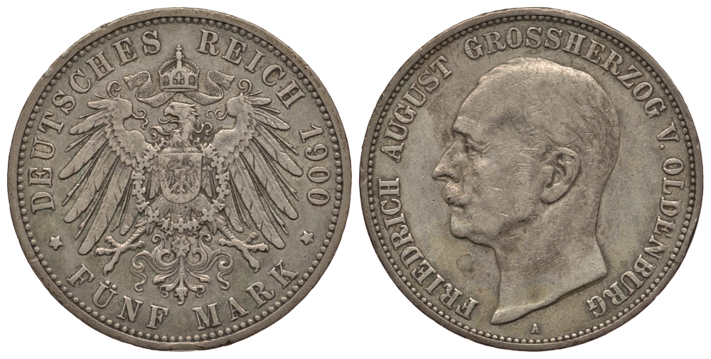 Ольденбург 5 марок 1901 Фридрих Август (1900-1918) J. 95, KM 203 серебро 00-000-00