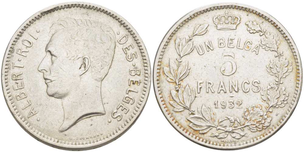 БЕЛЬГИЯ 5 ФРАНКОВ 1932 DES BELGES, UN BELGA KM 97.1 никель 215-444
