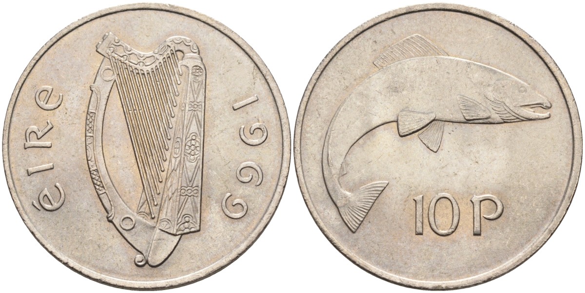 Ирландия 10 пенсов 1969 лосось KM 23 медно-никель UNC 4583-334