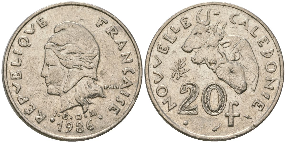 Французская Новая Каледония 20 франков 1986 три быка, (IEOM) KM 12, Schoen 14, Lec 112 никель 4123-244