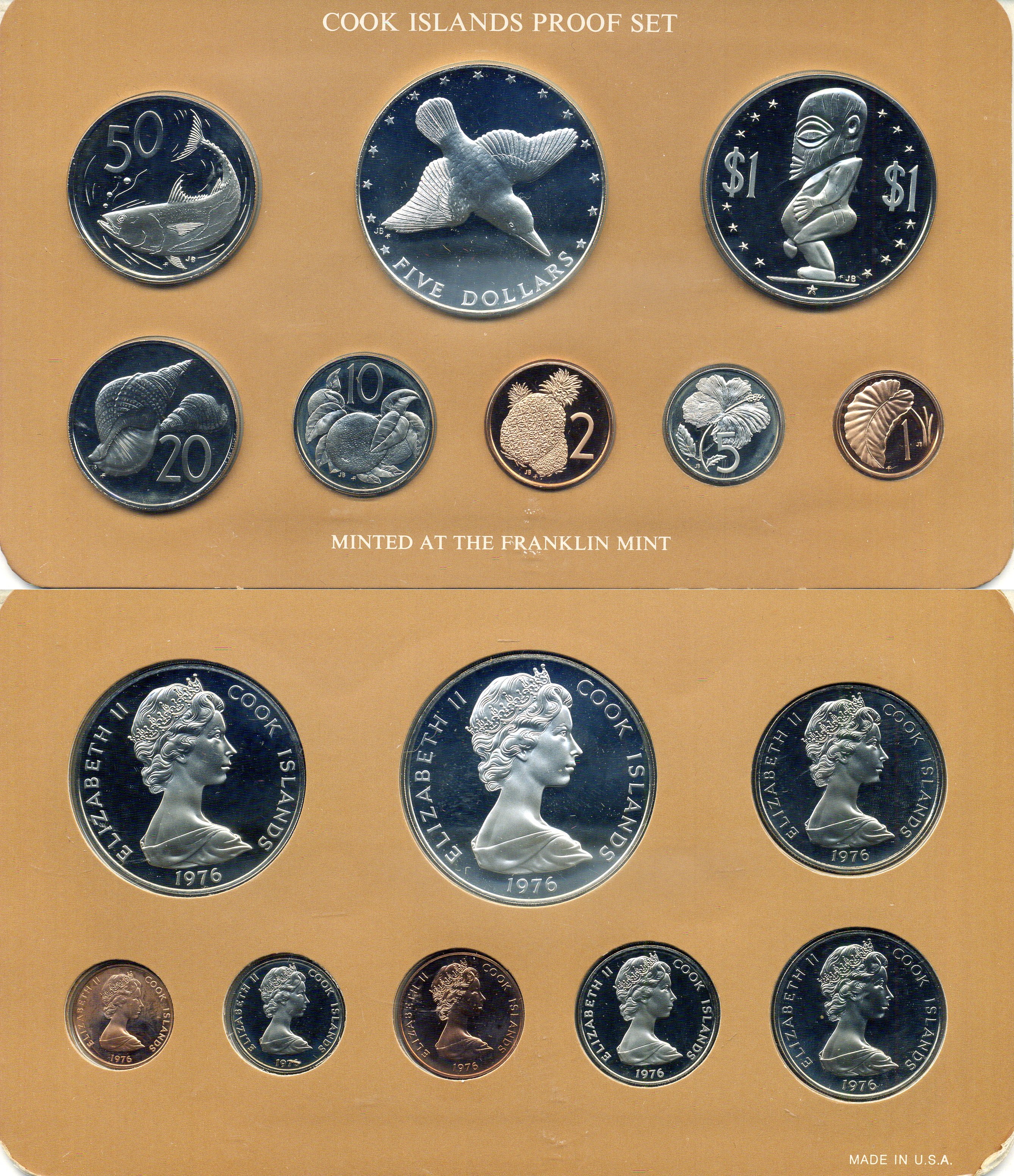 Острова Кука набор из 8 монет (1, 2, 5, 10, 20 и 50 центов; 1 и 5 долларов) 1976 Птицы - Мангаианский зимородок, в оригинальной упаковке, с сертификатом подлинности KM 1, 2, 3, 4, 5, 6, 7 и 15 PROOF 4-3-1-16