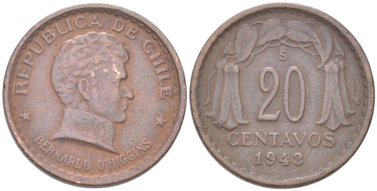 Чили 20 сентаво 1943 S KM 177 медь 4620-1126