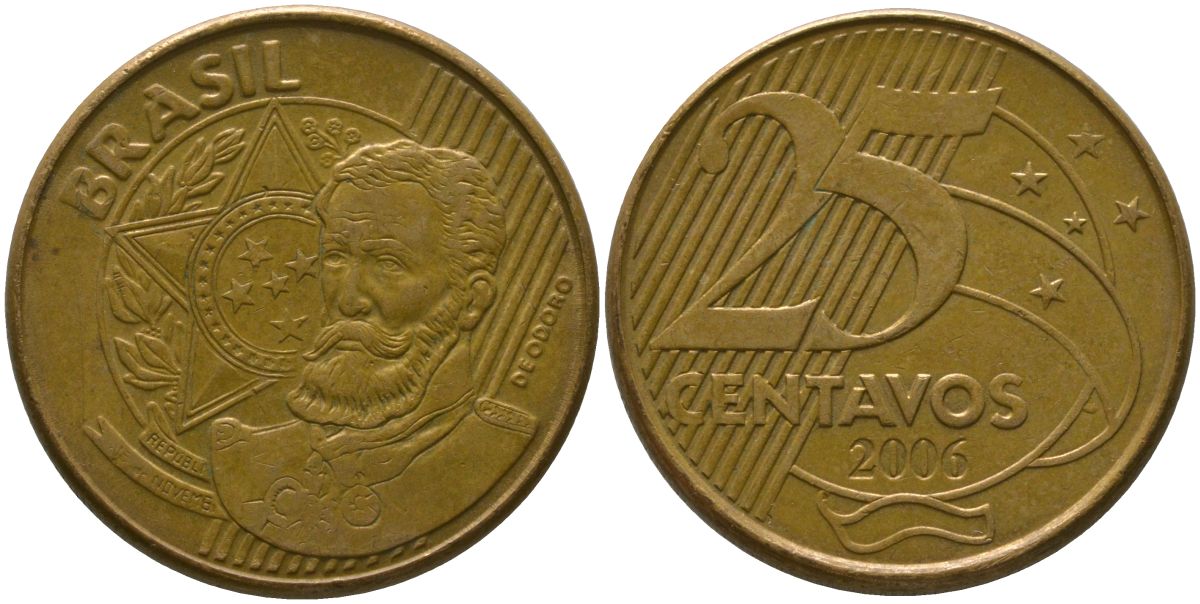 Бразилия 25 сентаво 2006 KM 650, Schon 158 сталь плакированная бронзой 4525-411