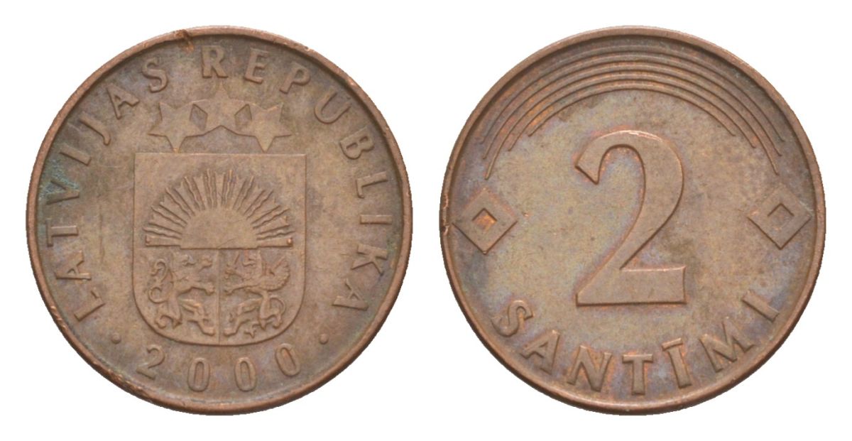 Латвия 2 сантима 2000 KM 21 сталь плакированная медью 4632-529