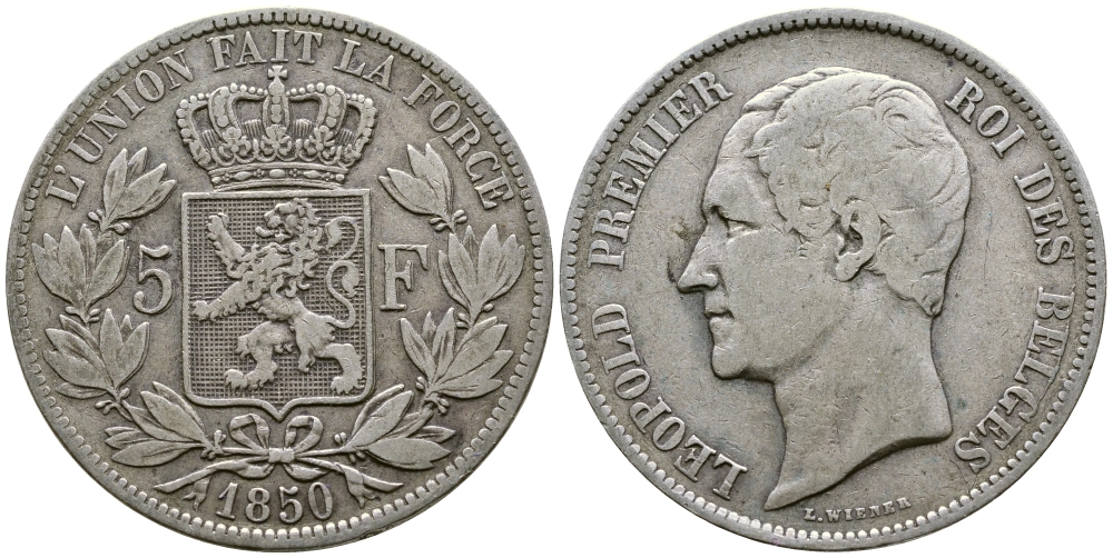Бельгия 5 франков 1850 Леопольд I (1831-1865) KM 17 серебро    00-1067-9-32