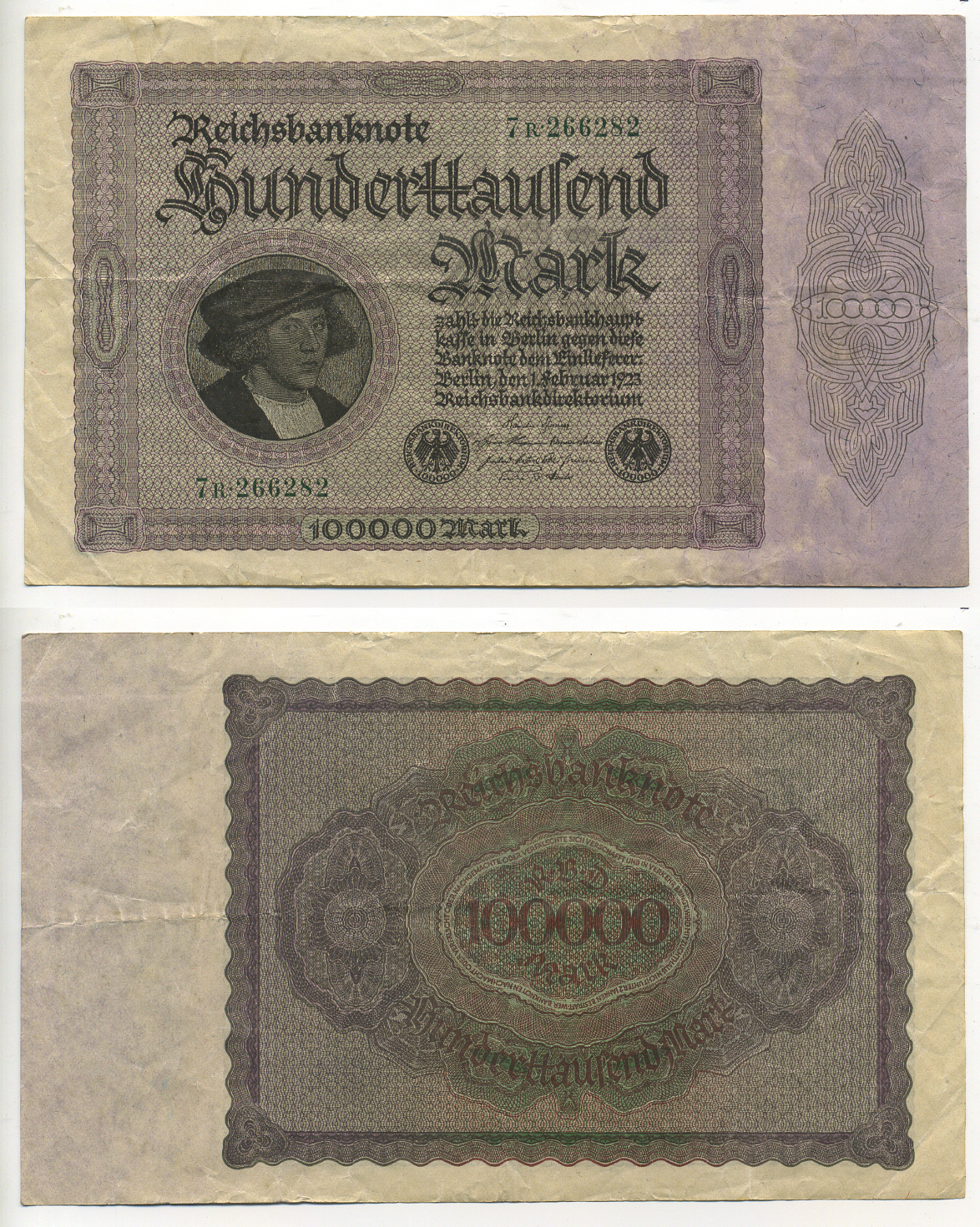 ГЕРМАНИЯ 100000 МАРОК 1923 1 ФЕВРАЛЯ 1923, БЕЗ Т ПОД ПОРТРЕТОМ Pick 83a бумага 7183-6-2