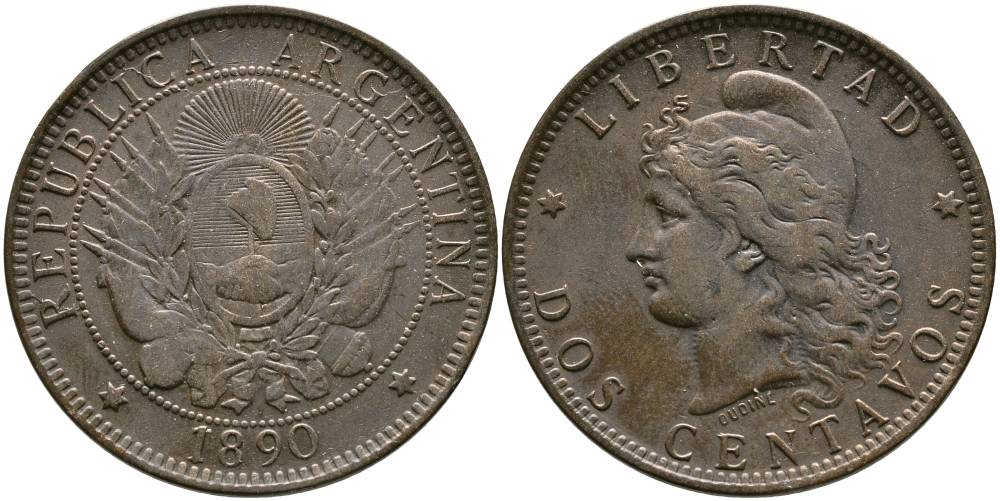 Аргентина 2 сентаво 1890 голова свободы влево KM 8 бронза 4531-926