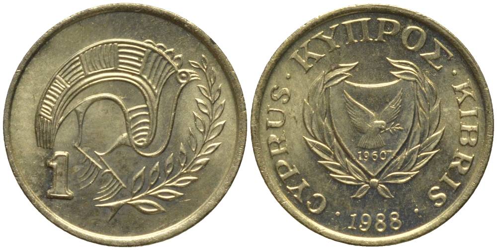КИПР 1 ЦЕНТ 1988 ПТИЧКА KM 53.2 никель латунь 211-325