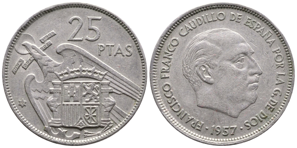 ИСПАНИЯ 25 ПЕСЕТ 1957 (68) ФРАНСИСКО ФРАНКО ДИКТАТОР ИСПАНИИ (1939-1975) KM 787 медно-никель 177-842