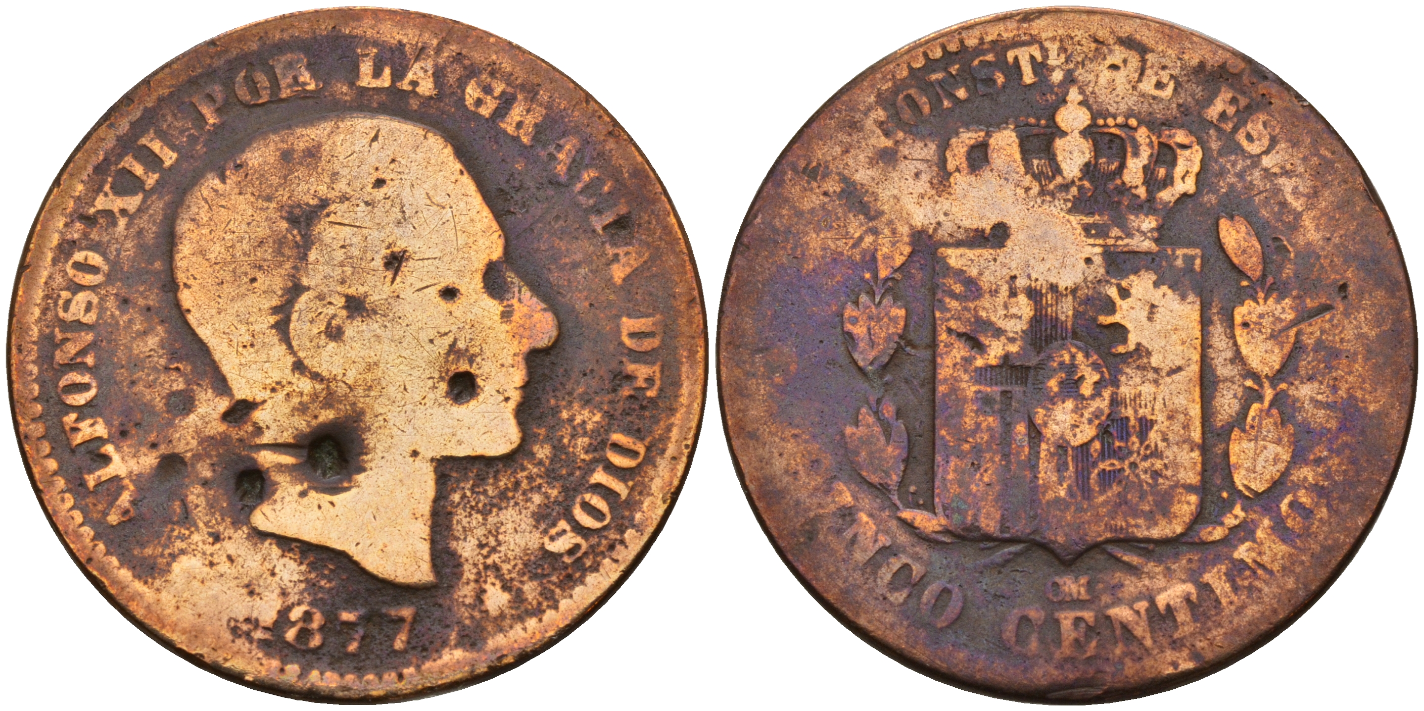 Испания 5 сентимо 1877 ОМ, Альфонсо XII KM 674 бронза    4153-145