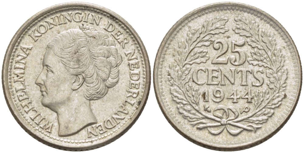 Нидерланды 25 центов 1944 Вильгельмина (1890-1948) KM 164 серебро aUNC 66-1153