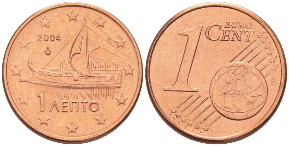 ГРЕЦИЯ 1 ЕВРОЦЕНТ 2004 KM 181 сталь плакированная медью UNC 214-341