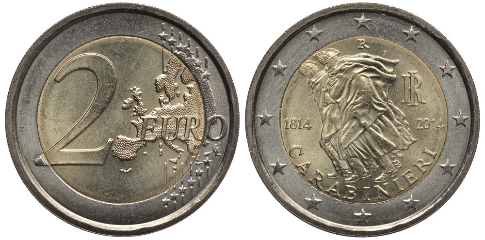 Италия 2 евро 2014 200 лет основания карабинеров KM 367 биметалл 179-826