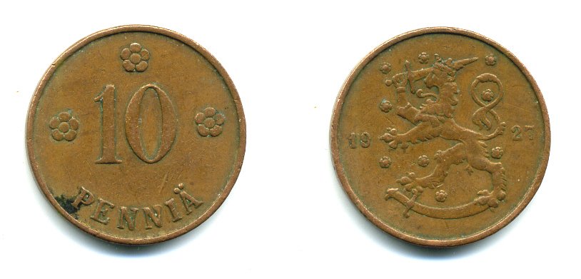 Финляндия 10 пенни 1927 республика (1918-1962) KM 24 медь 46-1546