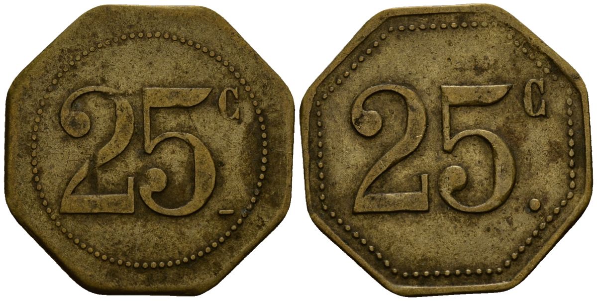 Франция 25 сантимов XIX-XX век ресторанный жетон латунь 4166-552