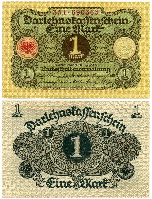 ГЕРМАНИЯ 1 МАРКА 1920 1 МАРТА 1920, ВЕЙМАРСКАЯ РЕСПУБЛИКА Pick 58 бумага UNC (ПРЕСС) 7147-11-1-2