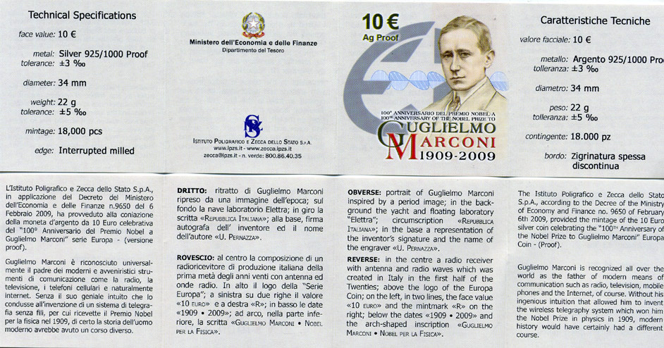 Италия 10 евро 2009 100 лет со дня вручения нобелевской премии Гильермо Маркони, изобретатель радио, в оригинальной коробочке, с сертификатом KM 317 серебро PROOF 4-3-4-20