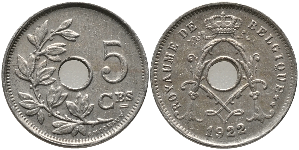 БЕЛЬГИЯ 5 САНТИМОВ 1922 BELGIQUE KM 66 медно-никель 76-536