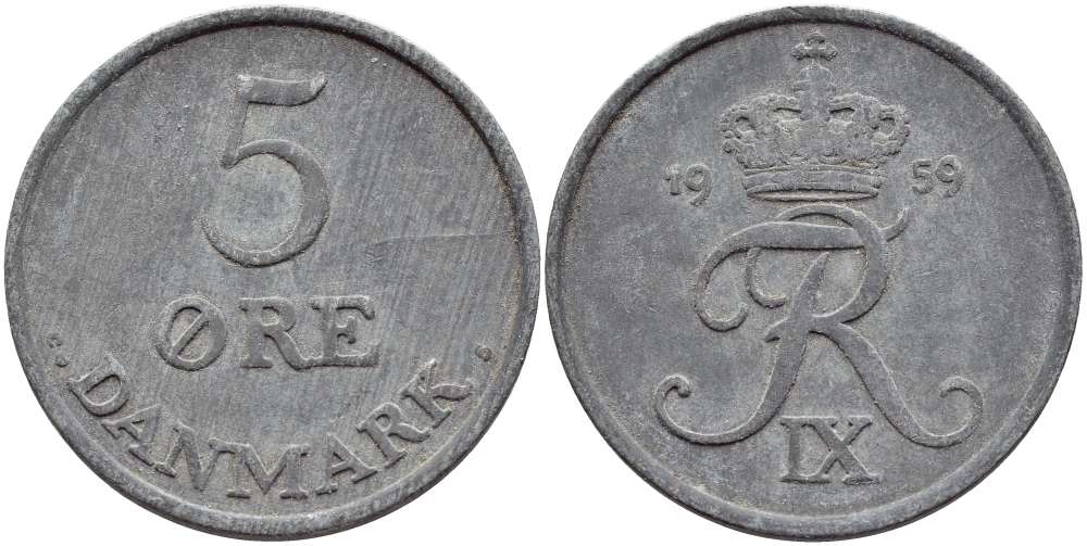 ДАНИЯ 5 ЭРЕ 1959 C; S, ФРЕДЕРИК IX (1947-1972) KM 843.2 цинк 41-346