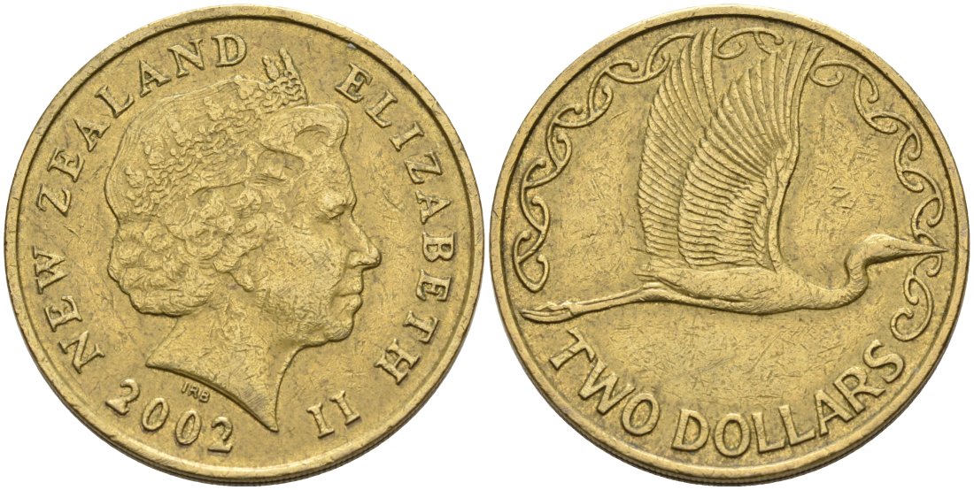 Новая Зеландия 2 доллара 2002 Елизавета II (1952-2022), большая белая цапля KM 121 алюминиевая бронза 00-00
