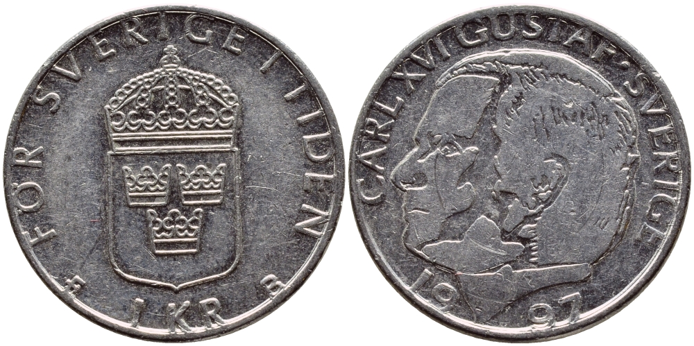 Швеция 1 крона 1997 Карл XVI Густав (1973- ) KM 852a медно-никель 4381-527