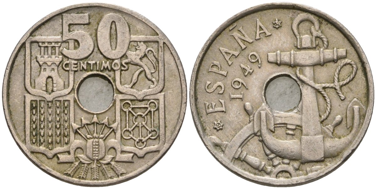 Испания 50 сентимо 1949 (62) Франсиско Франко (1939-1975) KM 777 медно-никель 4604-535