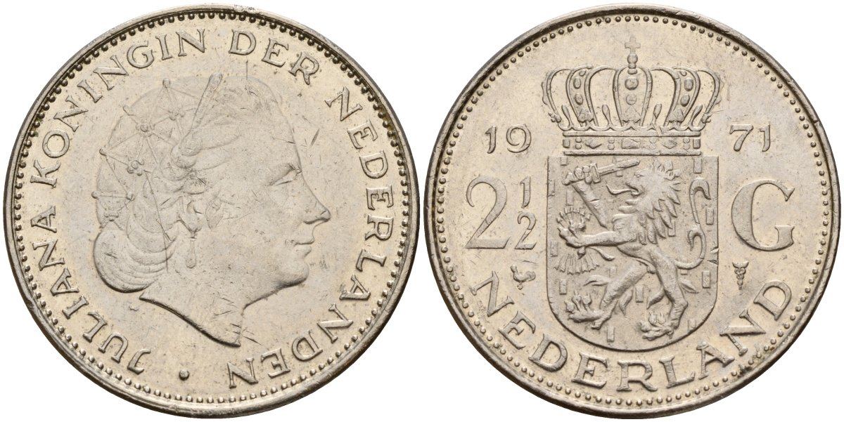 Нидерланды 2 1/2 гульдена 1971 Юлиана (1949-1980) KM 191 никель 4157-413
