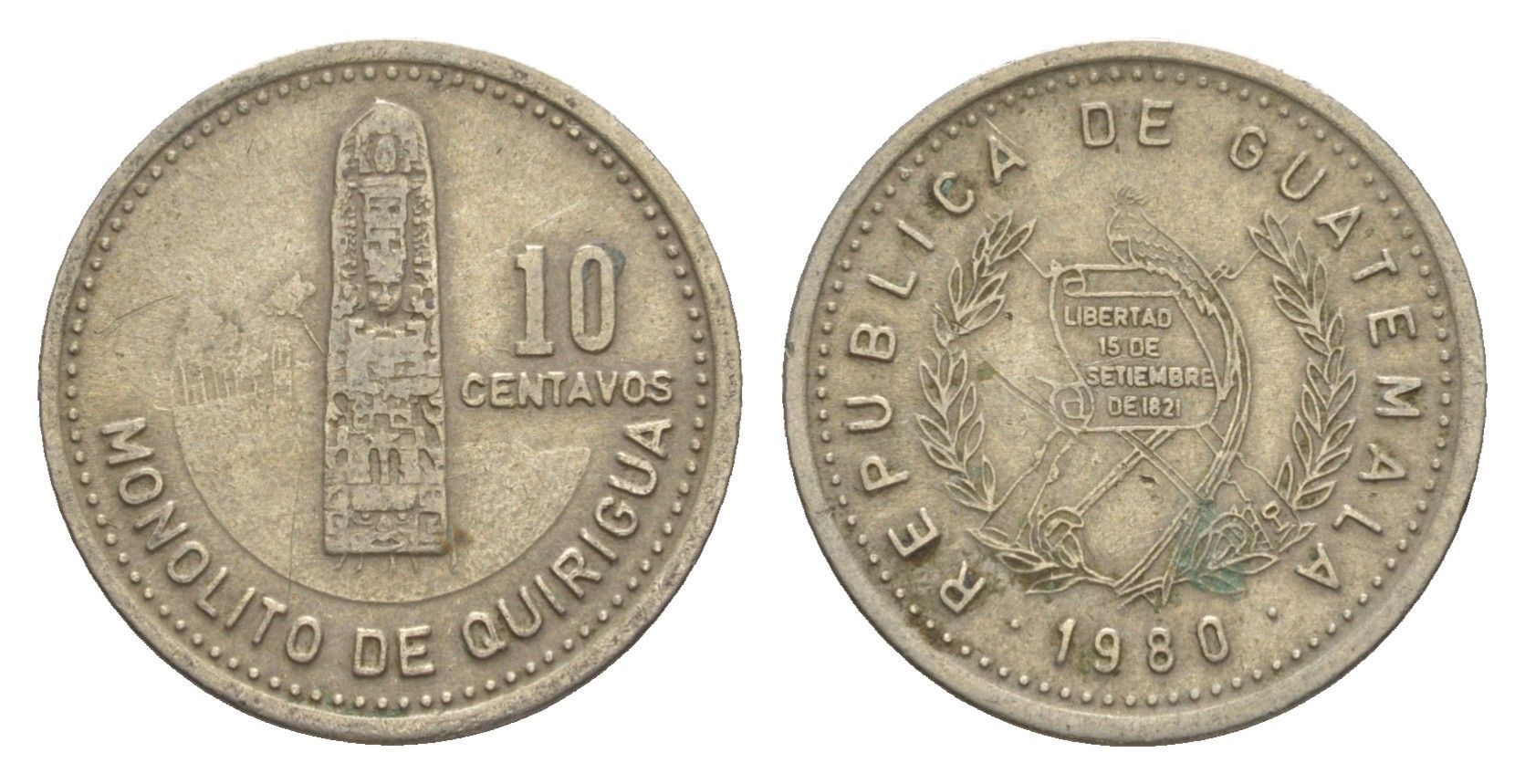Гватемала 10 сентаво 1980 KM 277 медно-никель 4644-555