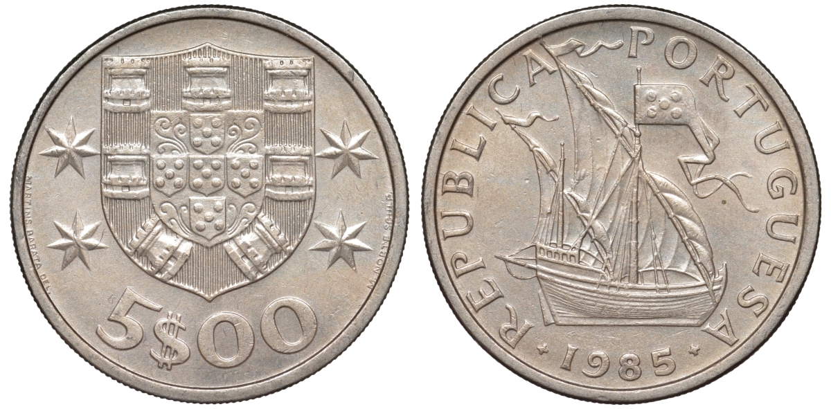 Португалия 5 эскудо 1985 KM 591 медно-никель 4143-144