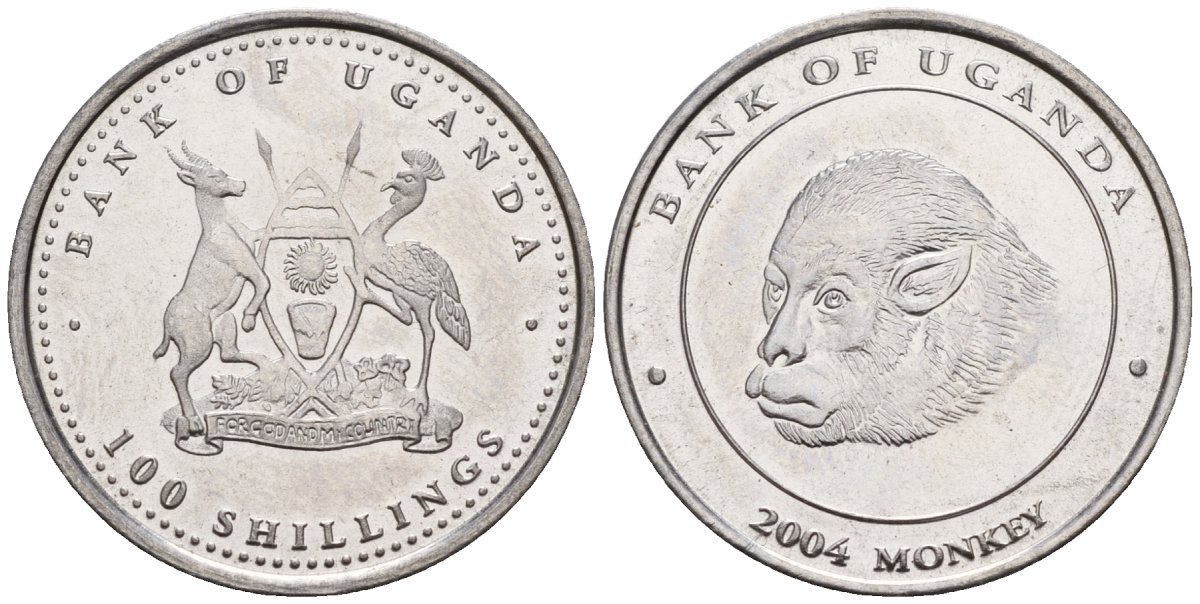 Уганда 100 шиллингов 2004 серия лунный календарь, год обезьяны KM 129 сталь UNC M58-04