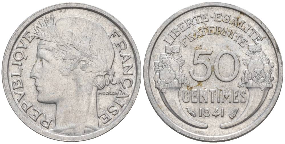 ФРАНЦИЯ 50 САНТИМОВ 1941 ТИП MORLON LOURDE KM 894.1a, LE FRANC 193.2 алюминий 44-249