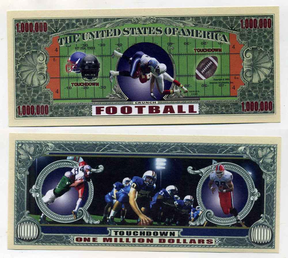 США 1000000 долларов 2002 сувенирная банкнота, американский футбол, тачдаун бумага UNC (пресс) 8588-9-2-2