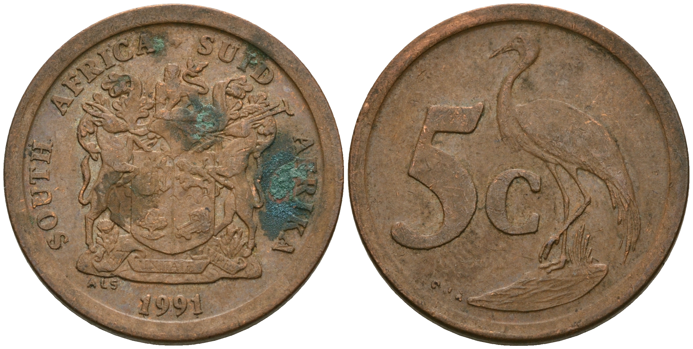 ЮАР 5 центов 1991 синий журавль, герб KM 134 сталь плакированная медью 08-1467