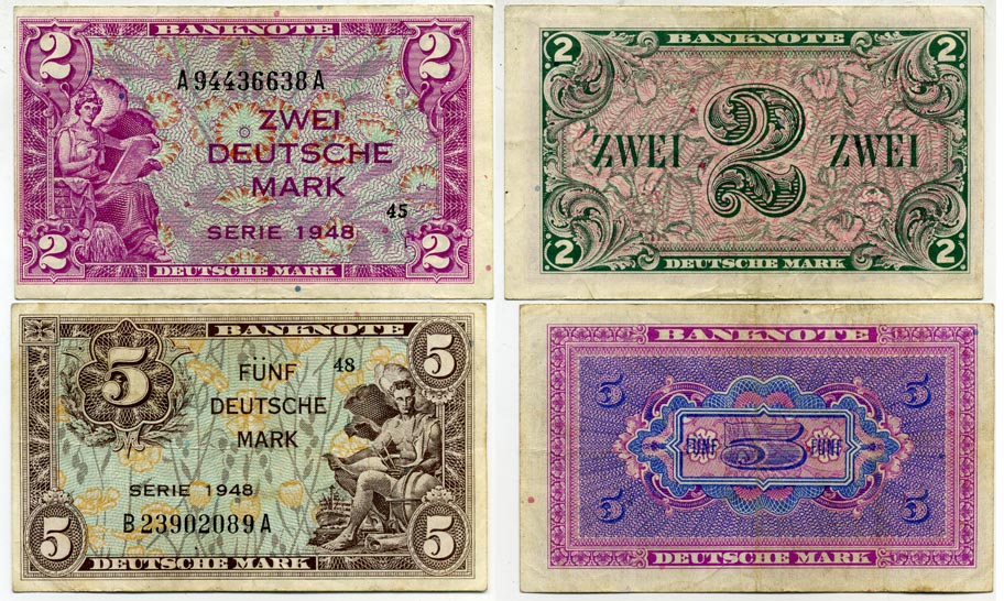 ФРГ набор из 6 банкнот 1948 1/2 марки, 1/2 марки с надпечаткой В, 1 марка, 1 марка с перфорацией В, 2 марки, 5 марок Pick 1a, 1b, 2a, 2c, 3a, 4a бумага 2192-46-2